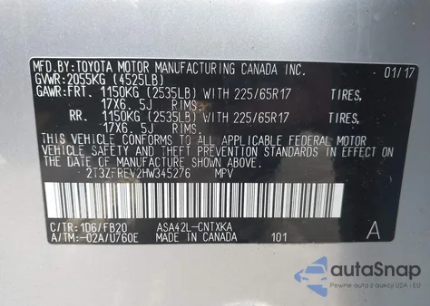 2017 Toyota Rav4 Le z USA, uszkodzony, nr VIN 2T3ZFREV2HW345276